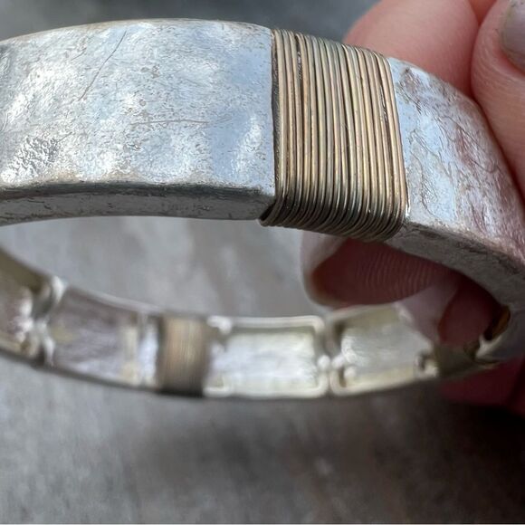 Silver Gold Tone Stretch Hammered Textured Bracelet - Picture 2 of 11